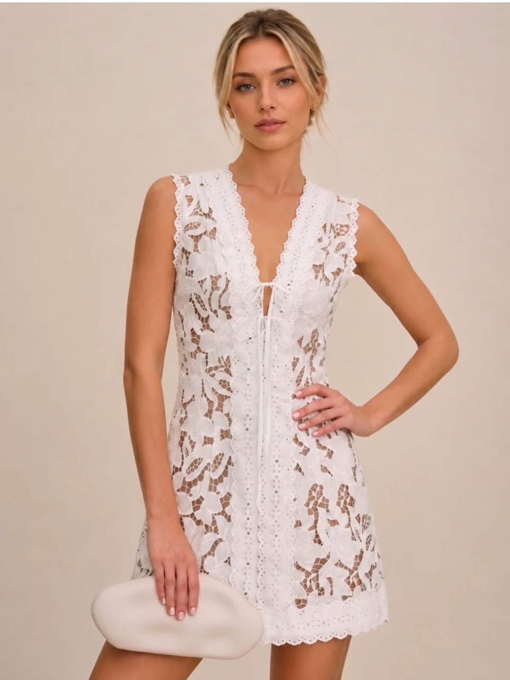 Commense White Lace Tie V-Neck Mini Dress